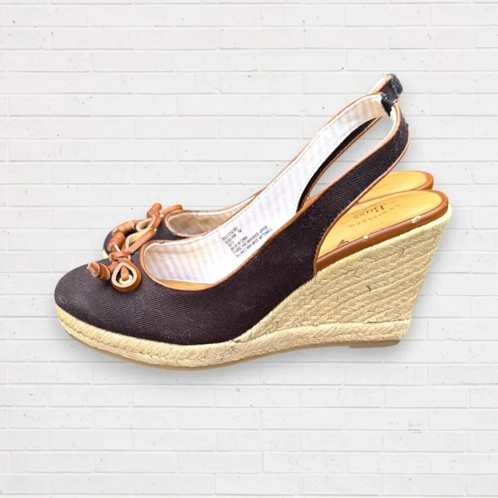 BASS Black Canvas Sling Back Kim Wedge Jute Espadrilles Heels Shoes Womens 7